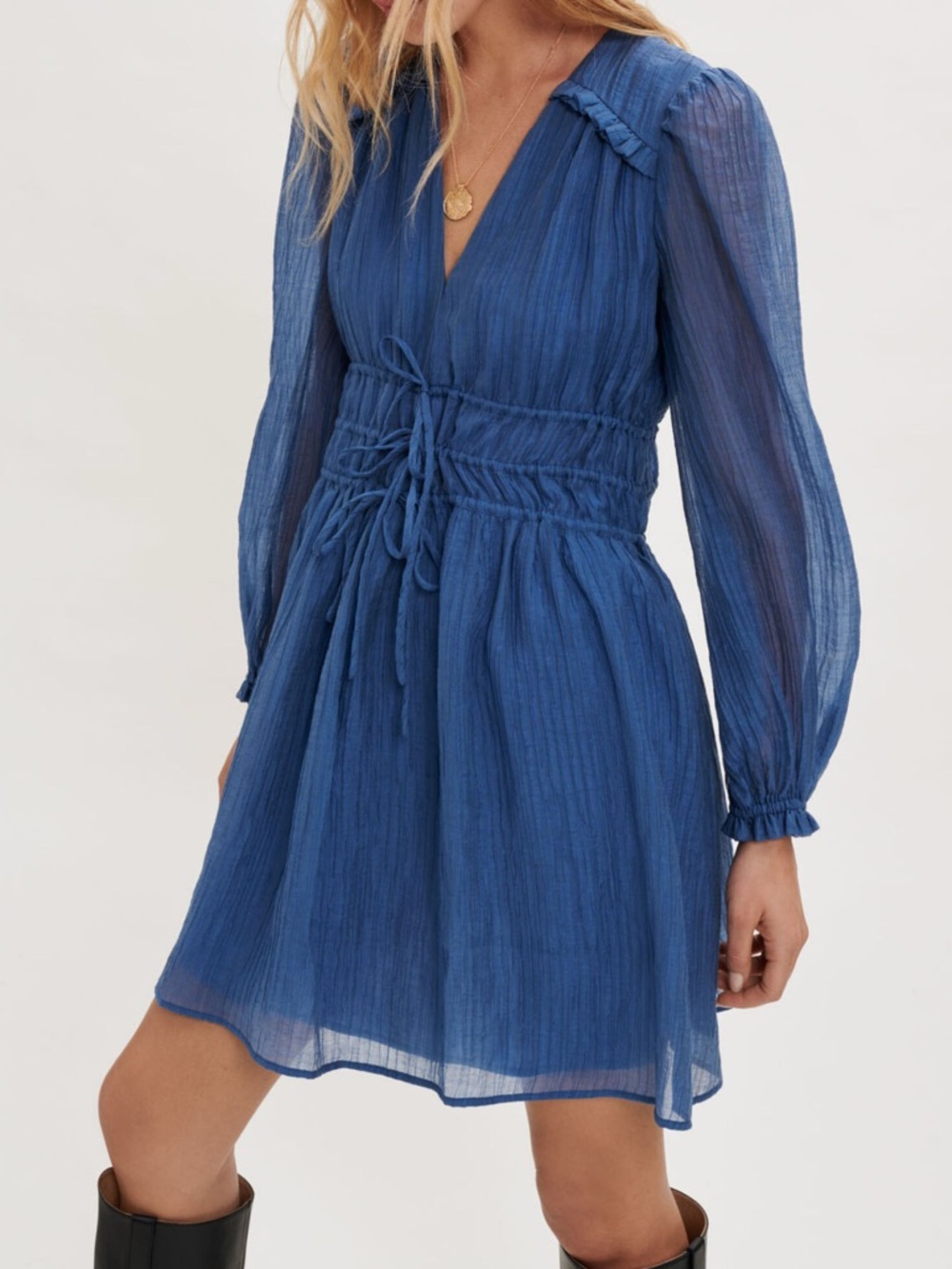 NWT Maje Dress — Riala Voile Dress in Blue, Long sleeve blue dress with skirt, S - Picture 2 of 16